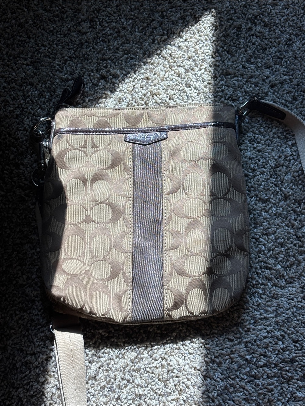 Coach Beige Signature Crossbody Bag with Brown Accents